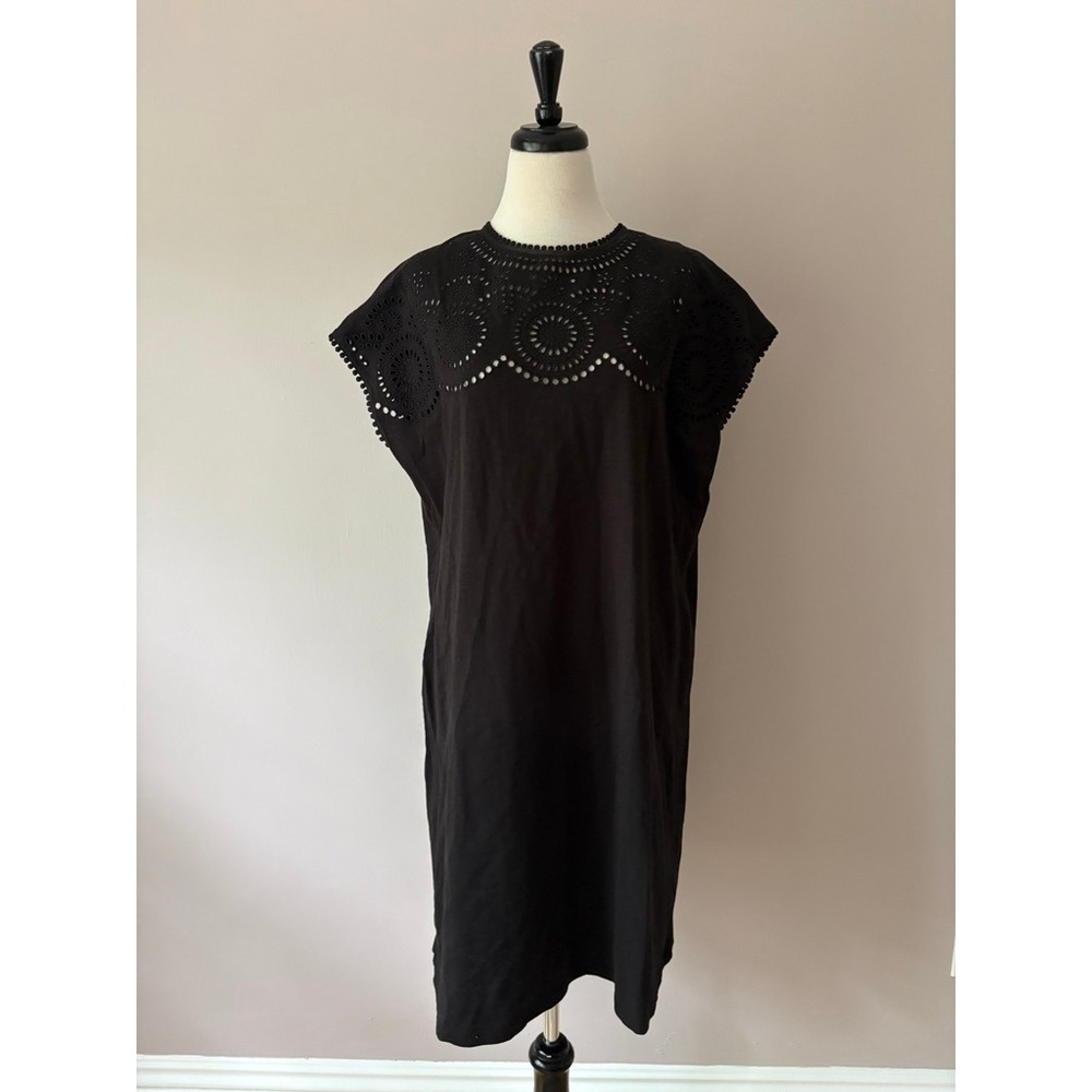 Boden Cutwork jersey t-Shirt Dress Women's 14R Black Eyeylet Shift
